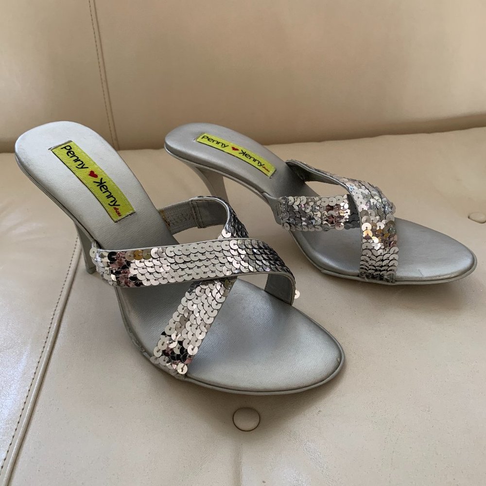 Penny Loves Kenny silver sequin sandals heels 8M